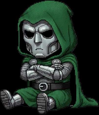 Cartoon skeleton grim reaper in a green hooded cloak, arms crossed, sitting with a stern expression