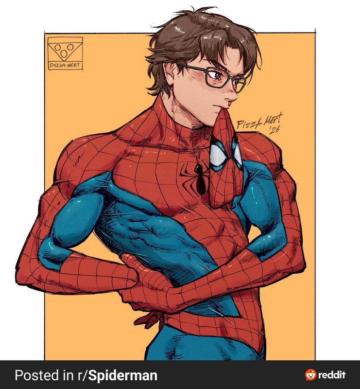 Spider-Man in red and blue suit with glasses, posing with crossed arms against an orange background.