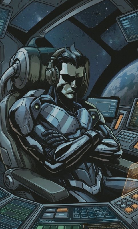 Stylized sci-fi astronaut in a high-tech space cockpit with Earth visible outside.