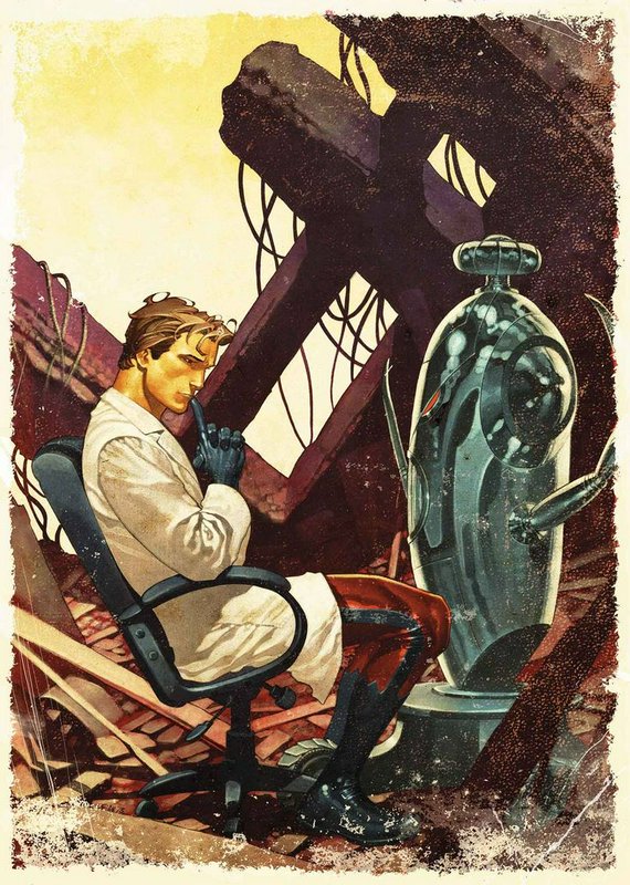 Vintage-style illustration of a man in a lab coat seated near a large mechanical device amid rubble.