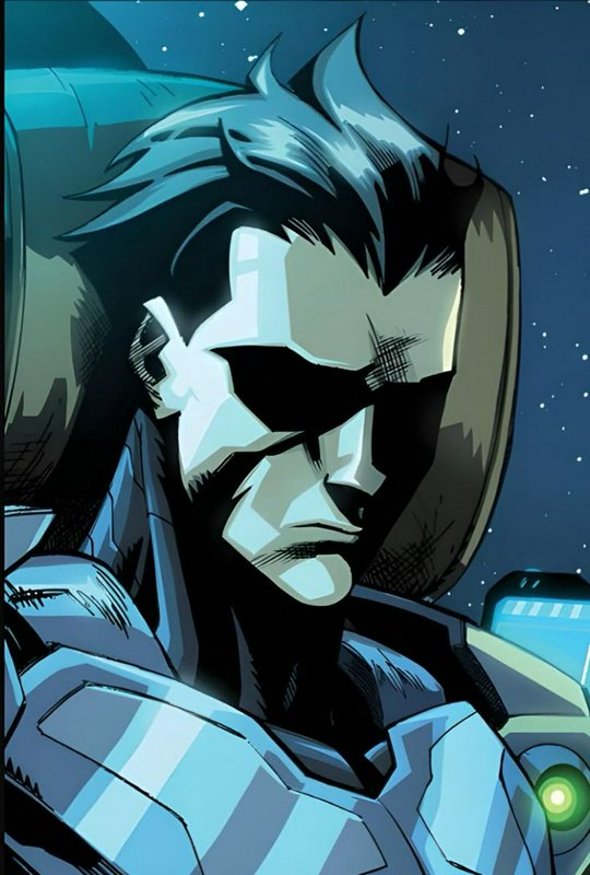 Stylized comic-style portrait of a man in futuristic armor under a starry night sky.
