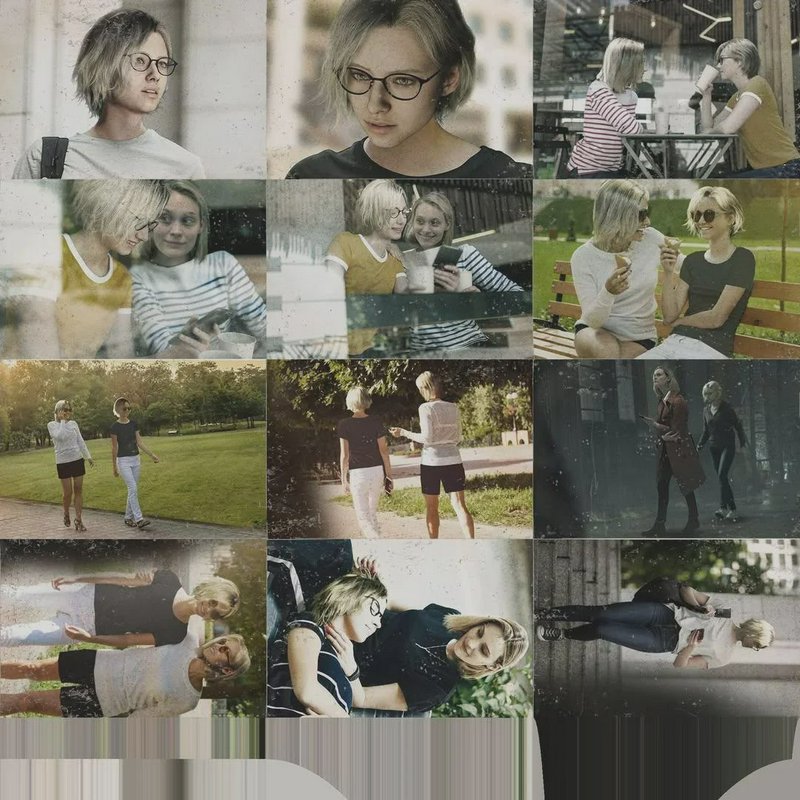 Collage of a young woman with glasses in various outdoor and urban scenes.