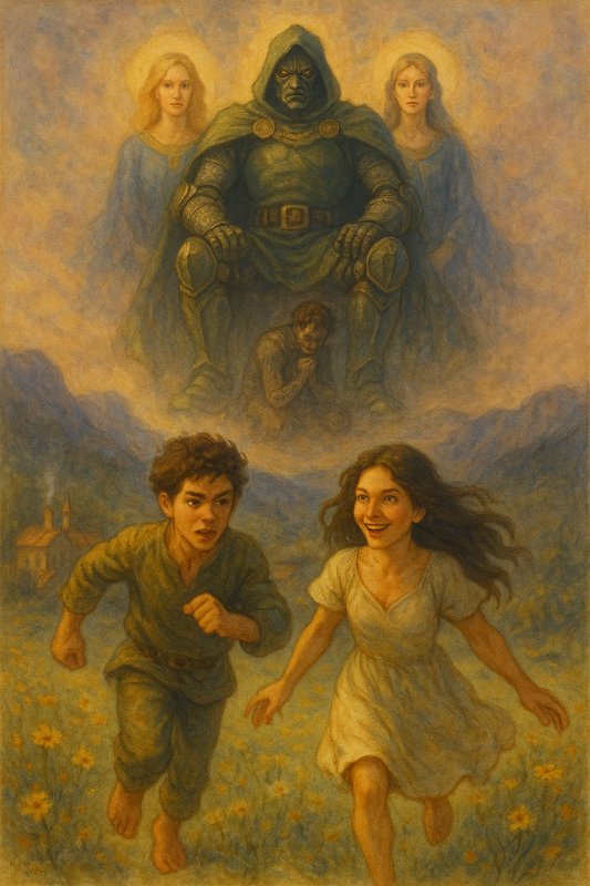 Two children run through a flower field as a colossal armored figure sits behind them with ethere...