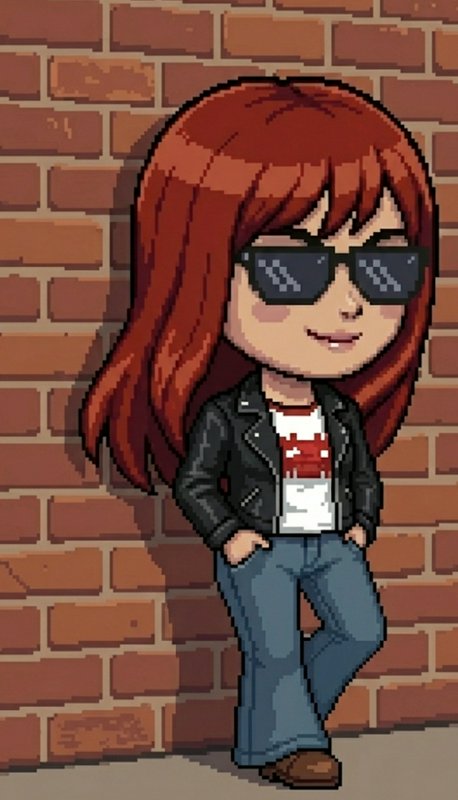 Pixel-art cartoon woman with red hair, sunglasses, leather jacket leaning against a brick wall