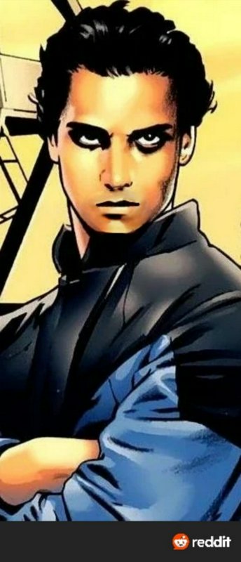 Manga-style portrait of a tough-looking man with dark hair and a blue jacket against a yellow bac...