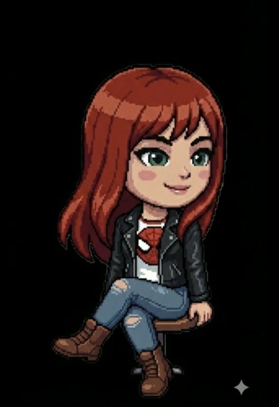 Cartoon avatar of a red-haired girl in a leather jacket and jeans sitting on a chair.