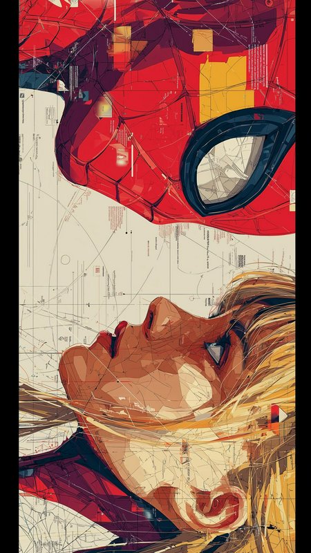 Close-up of Spider-Man mask above a blonde woman looking upward in a stylized comic-art scene