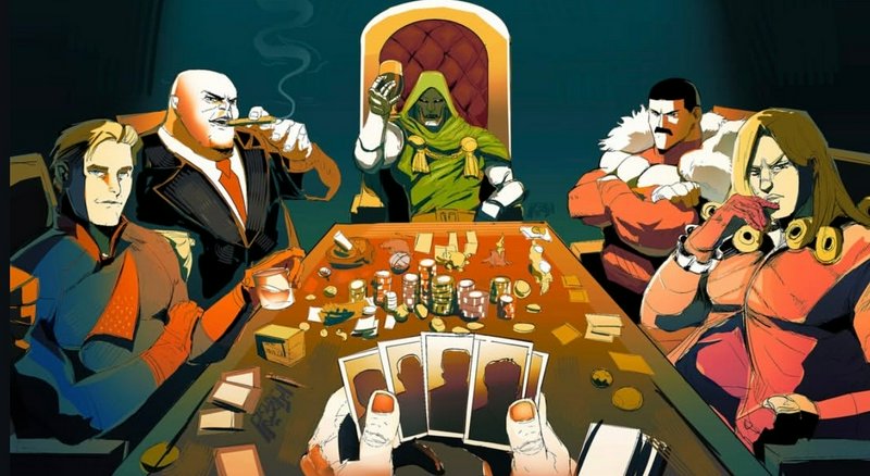 Cartoon-style group of diverse characters playing poker at a round table with chips and cards.
