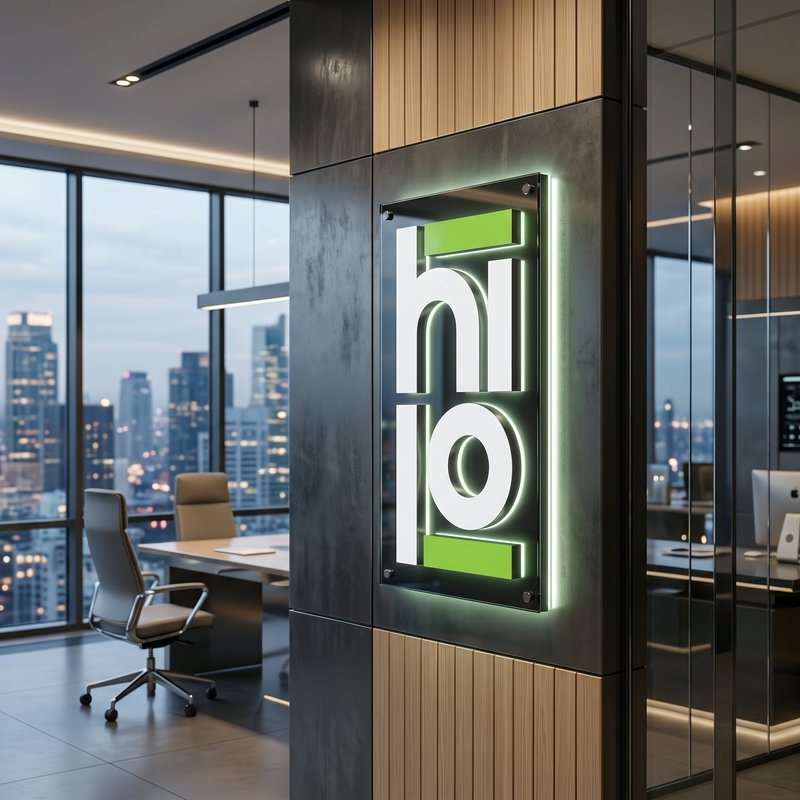 Vertical neon sign reading "bio" on a dark wall inside a modern office with a city skyline view