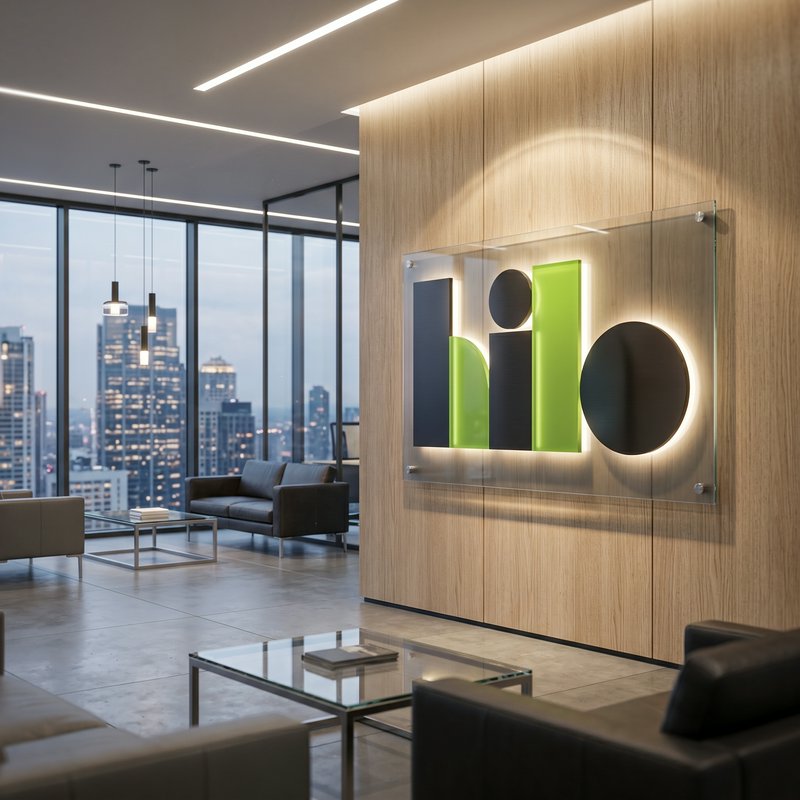 Modern office lobby with a backlit glass logo on a wood panel and a city skyline view.