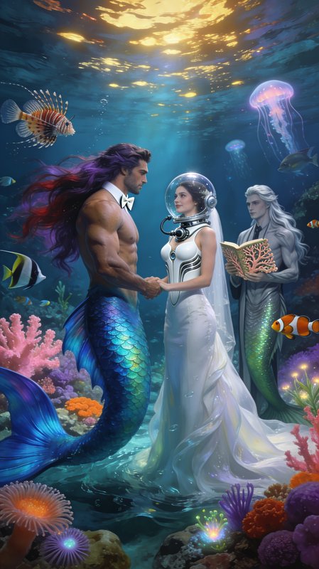 Fantasy underwater wedding with merman groom, bride in vintage diving helmet, and mer officiant s...