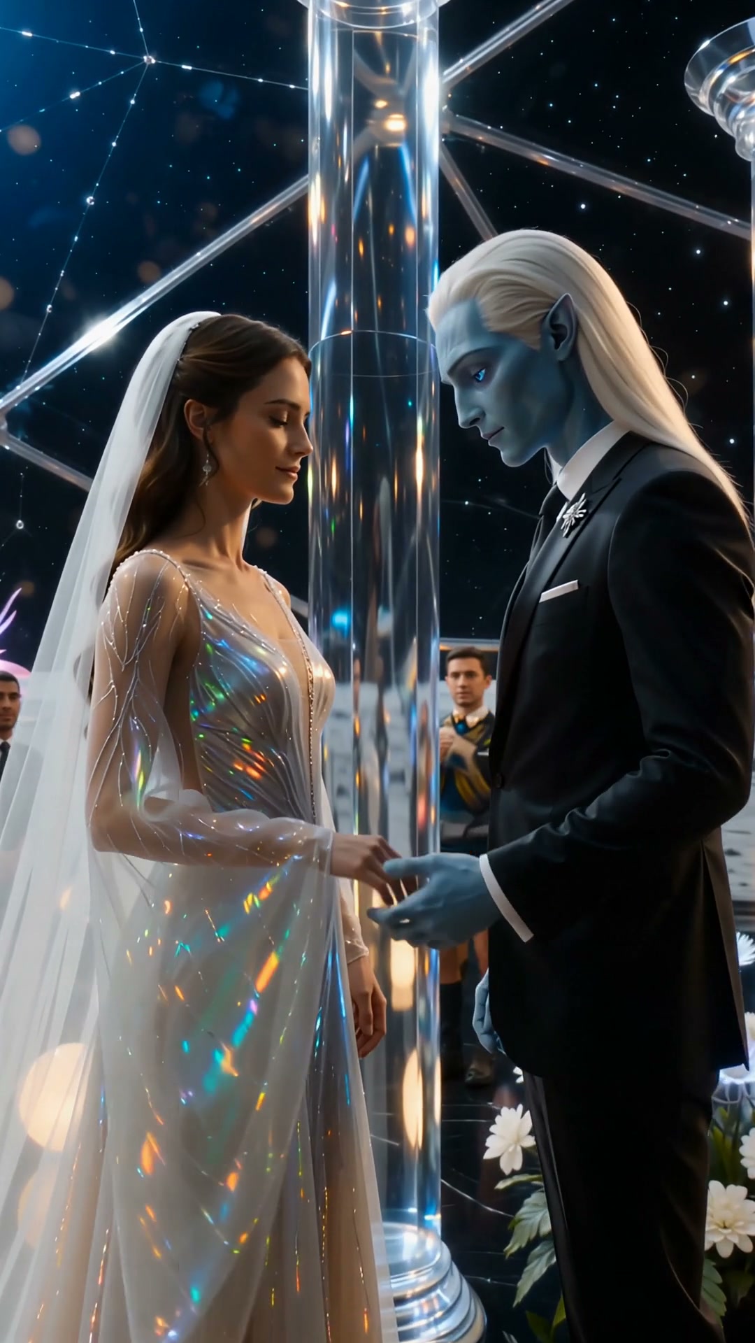 A bride in a shimmering holographic gown faces a blue-skinned, alien groom in a sleek black suit ...