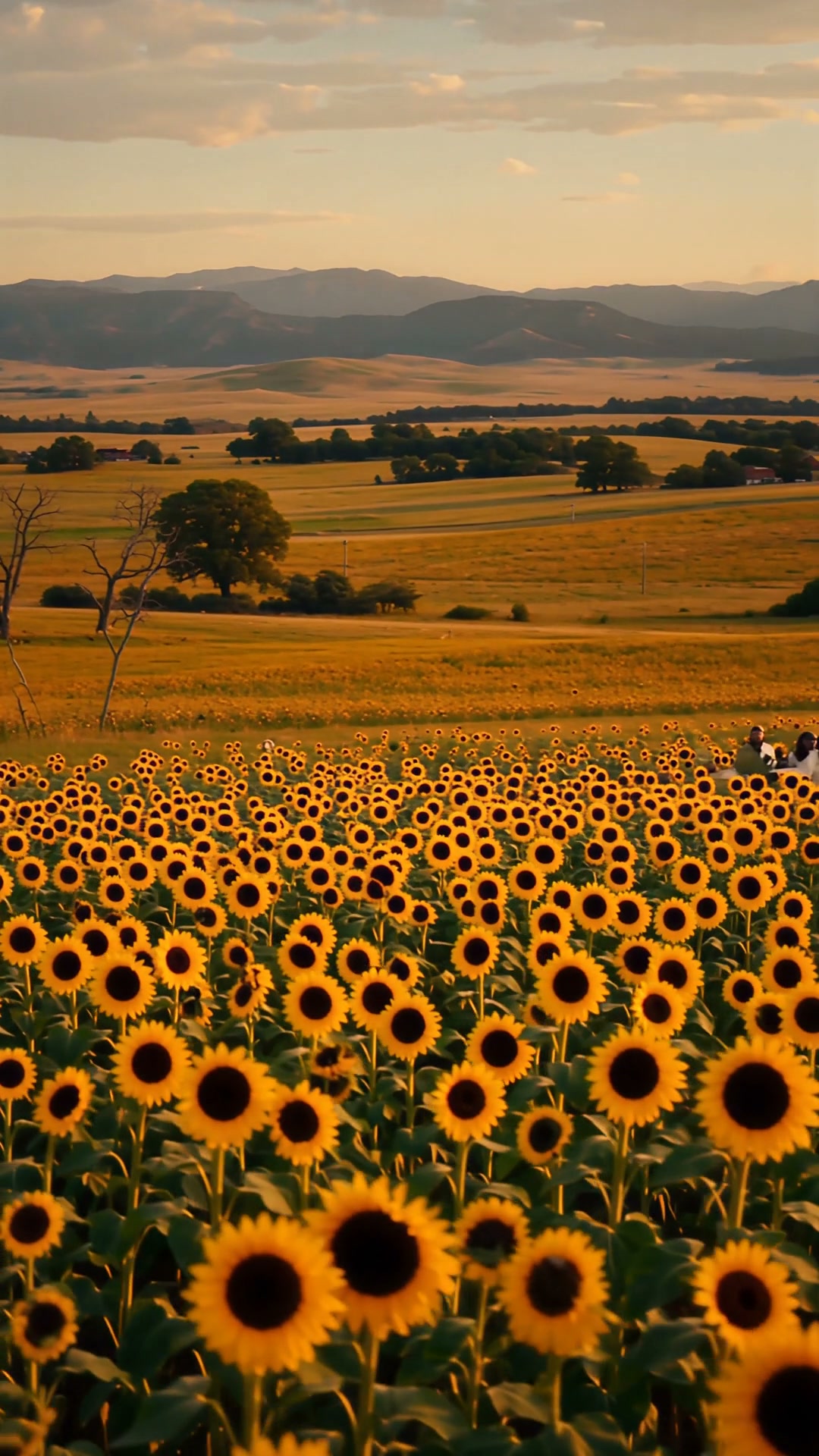 Vast sunflower field glowing at golden hour, with rolling prairie and distant hazy mountains unde...