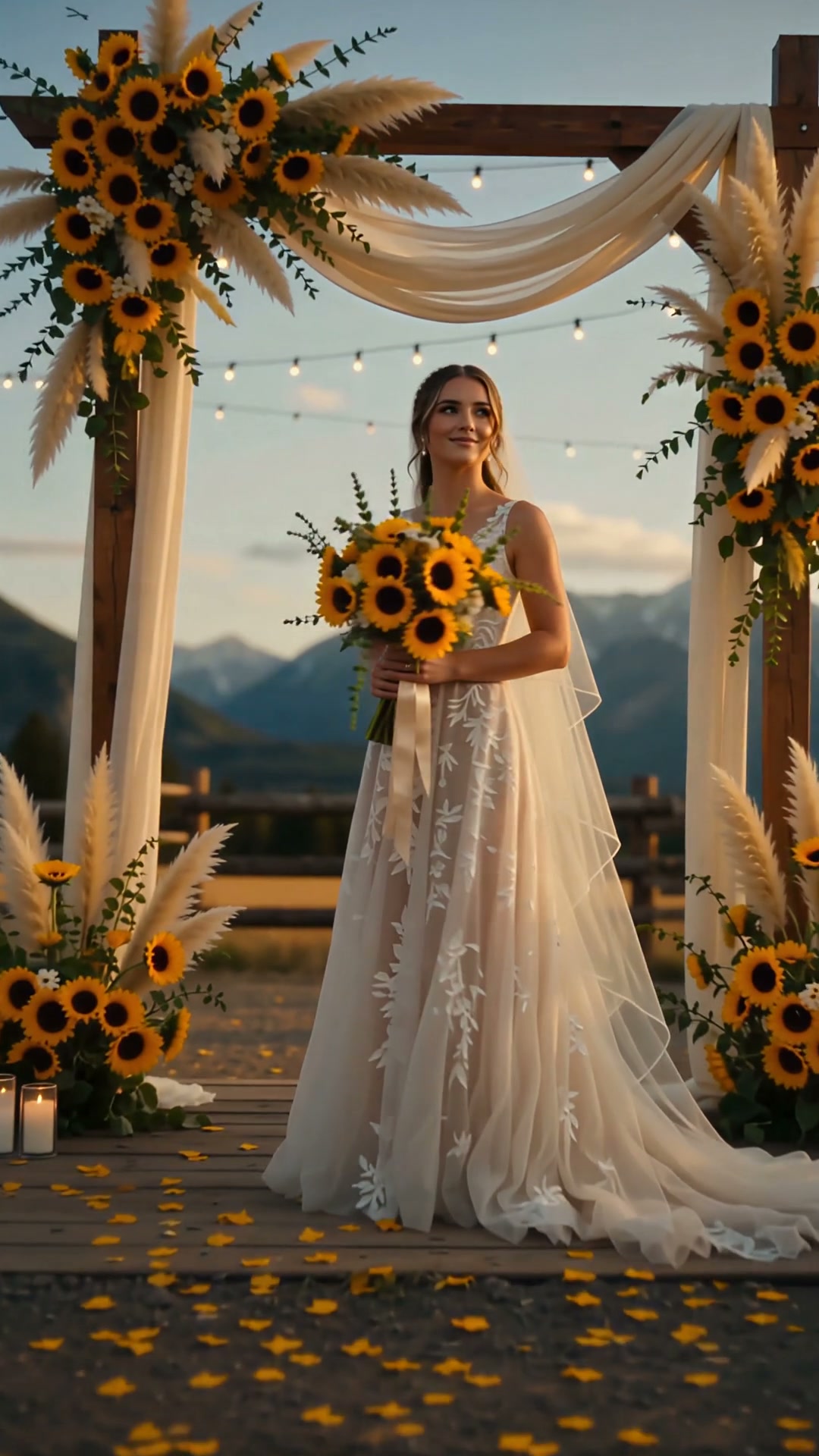 Bride in embroidered gown holds sunflower bouquet beneath a rustic floral wedding arch at mountai...