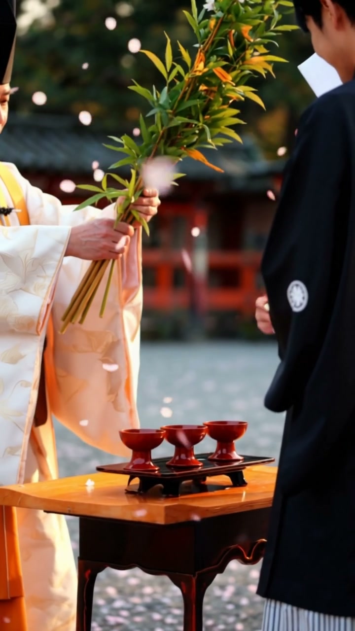 Shinto priest holds a sacred ceremonial branch during a traditional Japanese shrine ritual, with ...