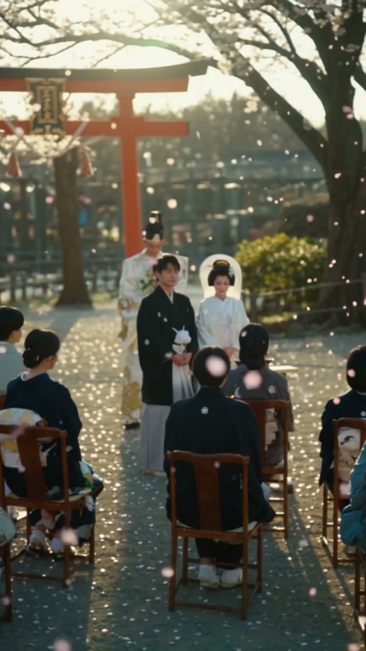 Traditional Shinto Japanese wedding, couple in formal kimono, falling cherry blossoms, red torii ...