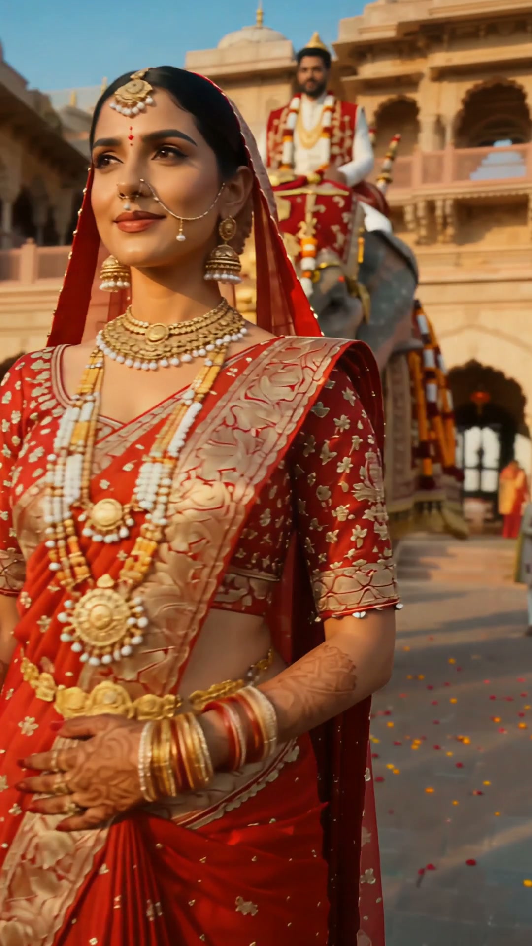 Close-up of a traditional Indian bride in red bridal wear, with groom on elephant at a royal pala...