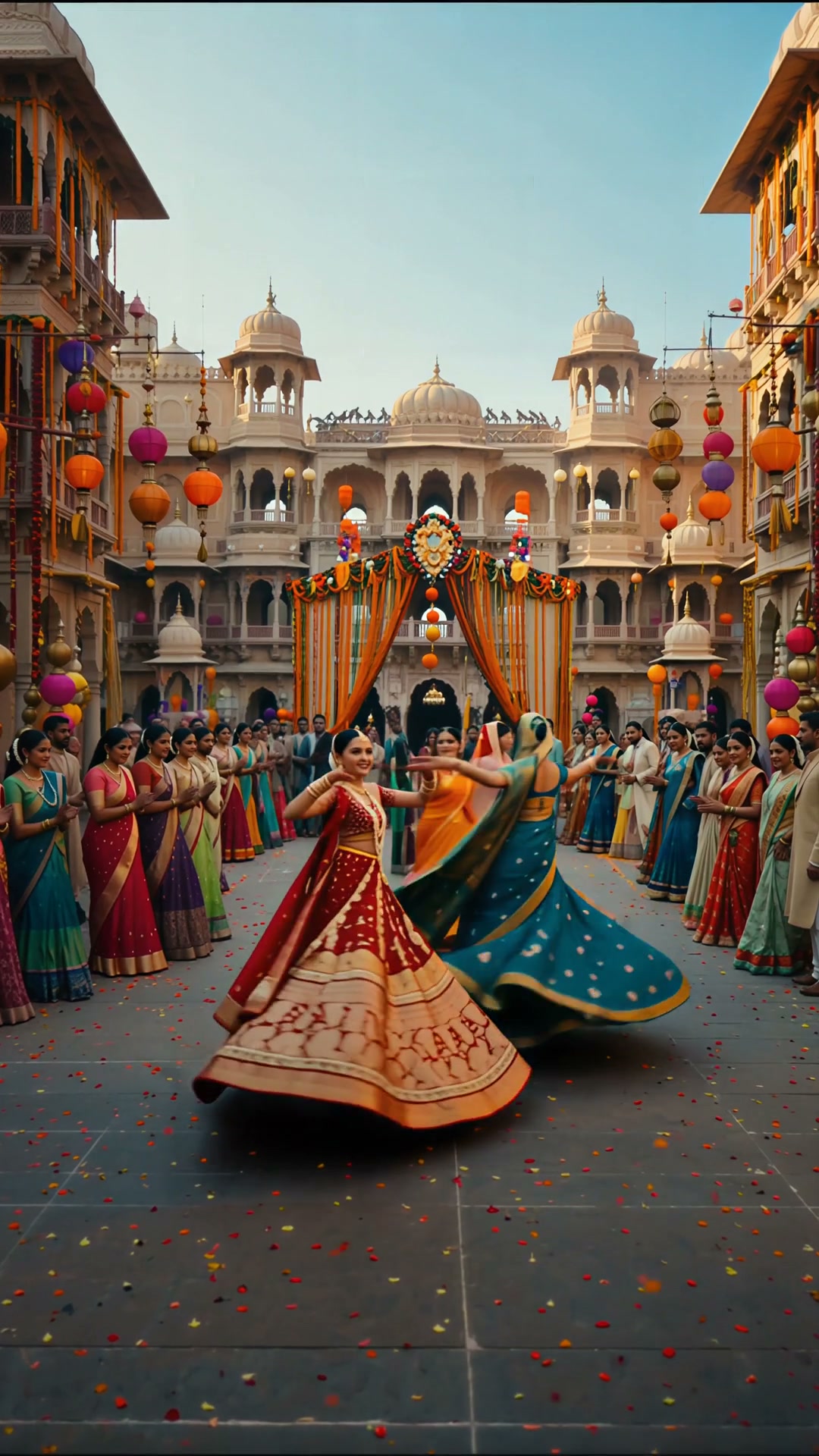 Two women in ornate traditional lehengas dance in a festively decorated historic Rajasthani palac...