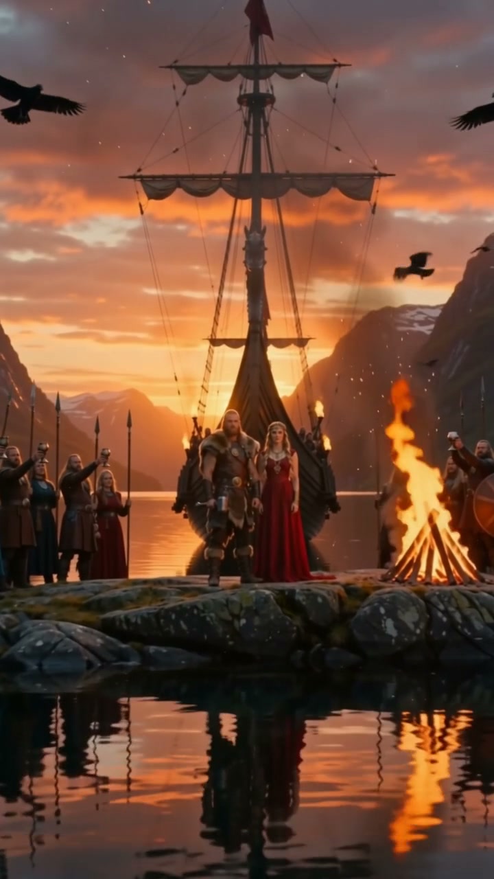 Viking ceremony on rocky fjord shore with longship, bonfire, and ravens flying at glowing orange ...