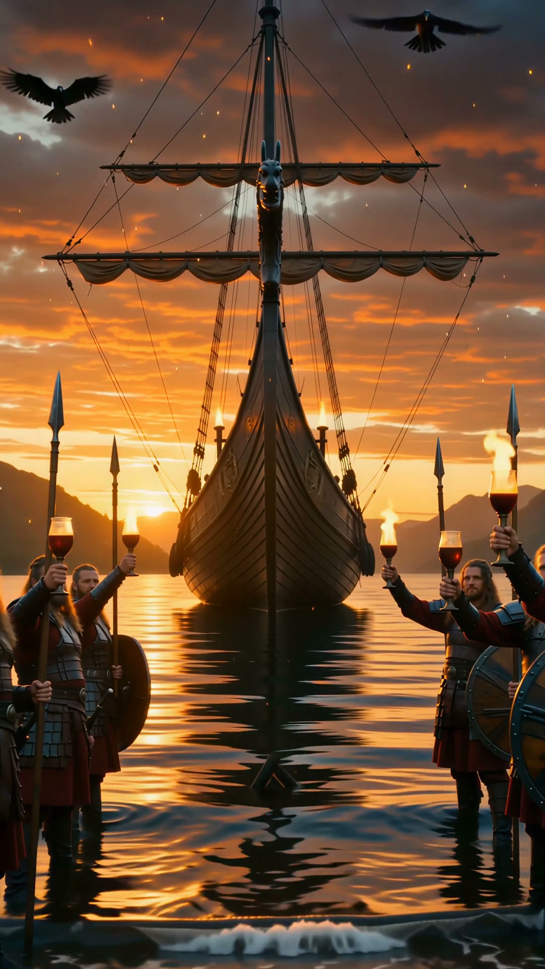 Armored Viking warriors toast with mead before a dragon-prowed longship on a fjord at golden suns...