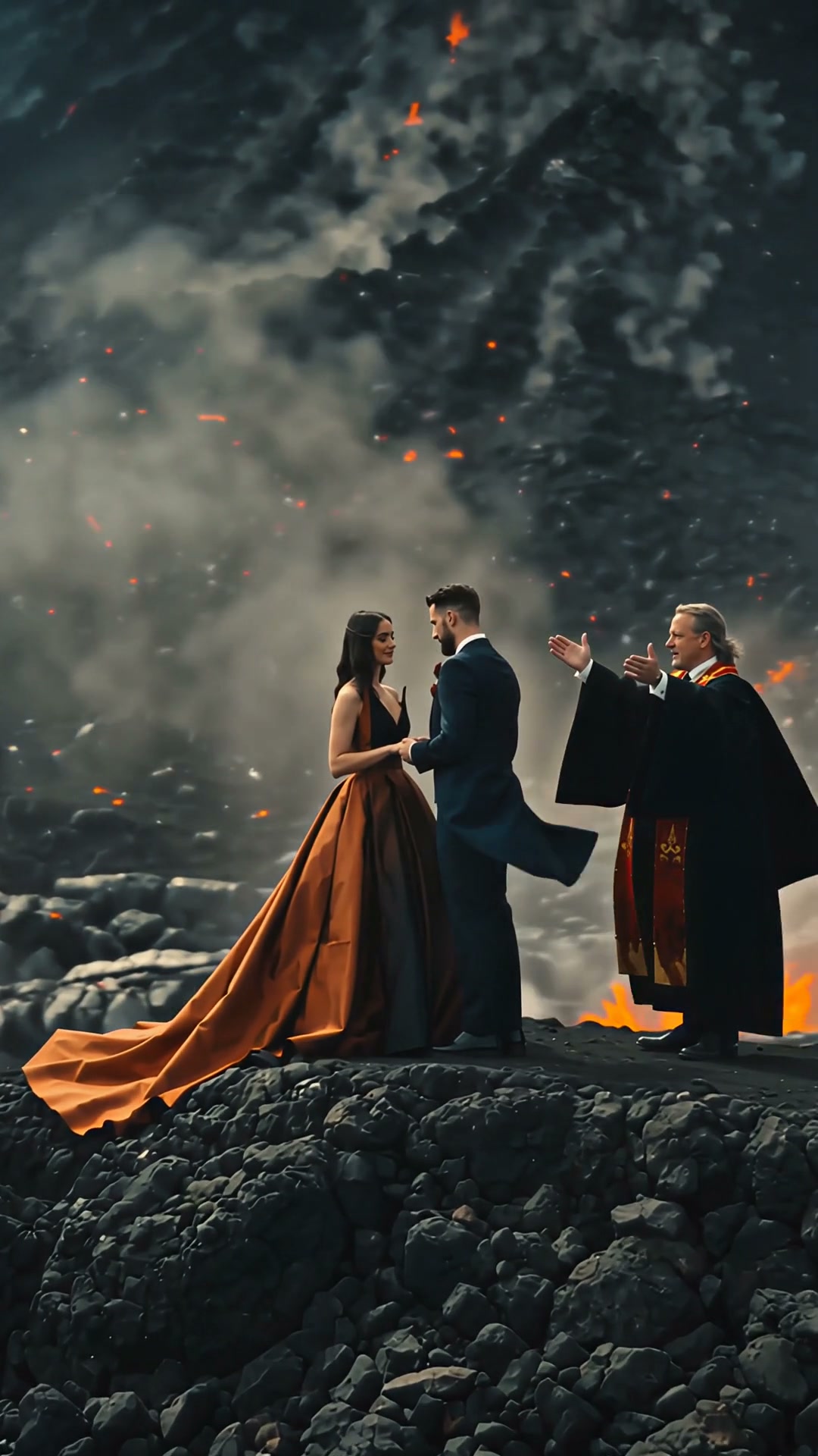 Wedding couple holds hands during a ceremony on jagged volcanic rock, with robed officiant, risin...