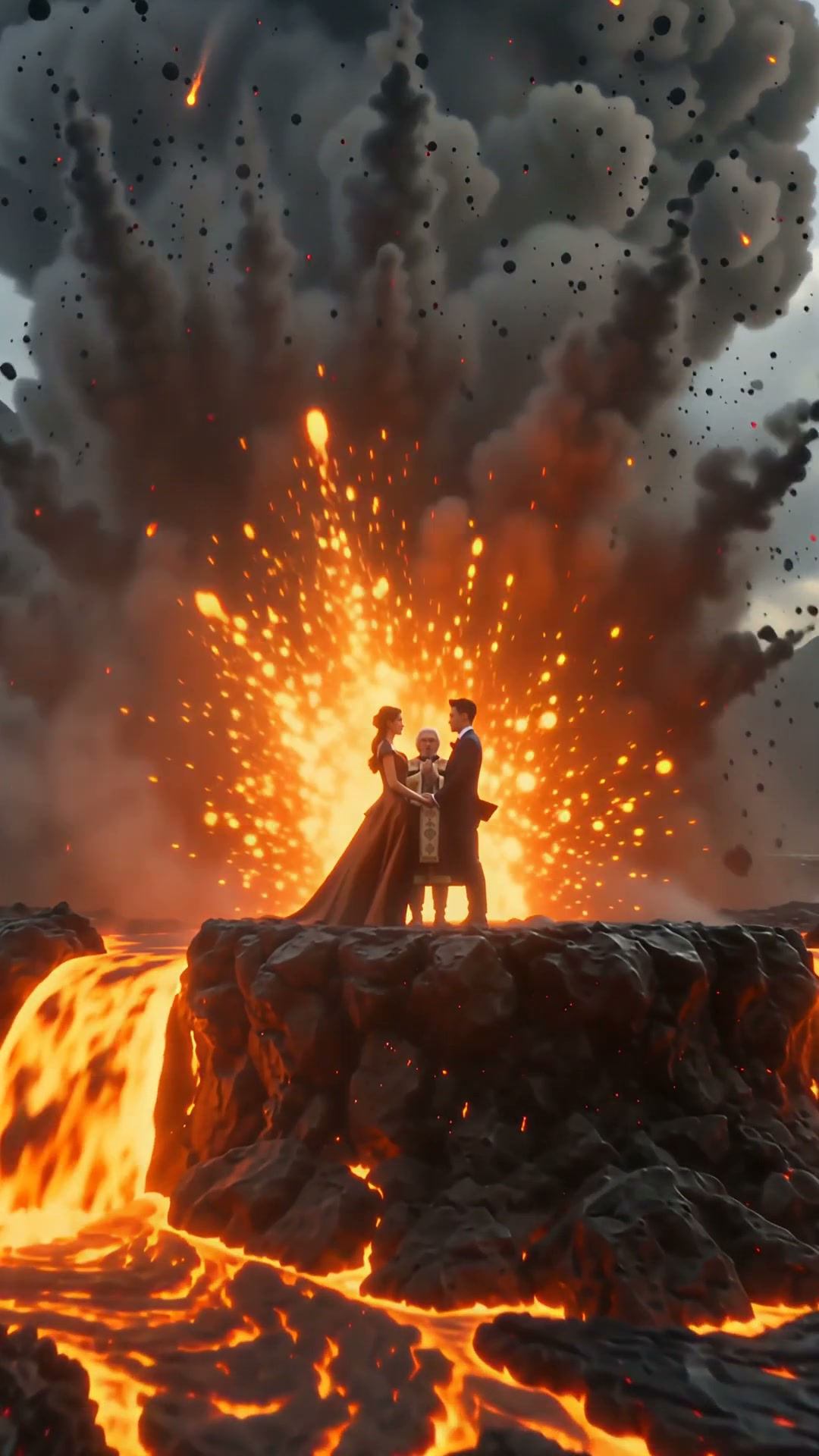 Wedding couple and officiant hold a ceremony on a rocky cliff as a volcano erupts behind them