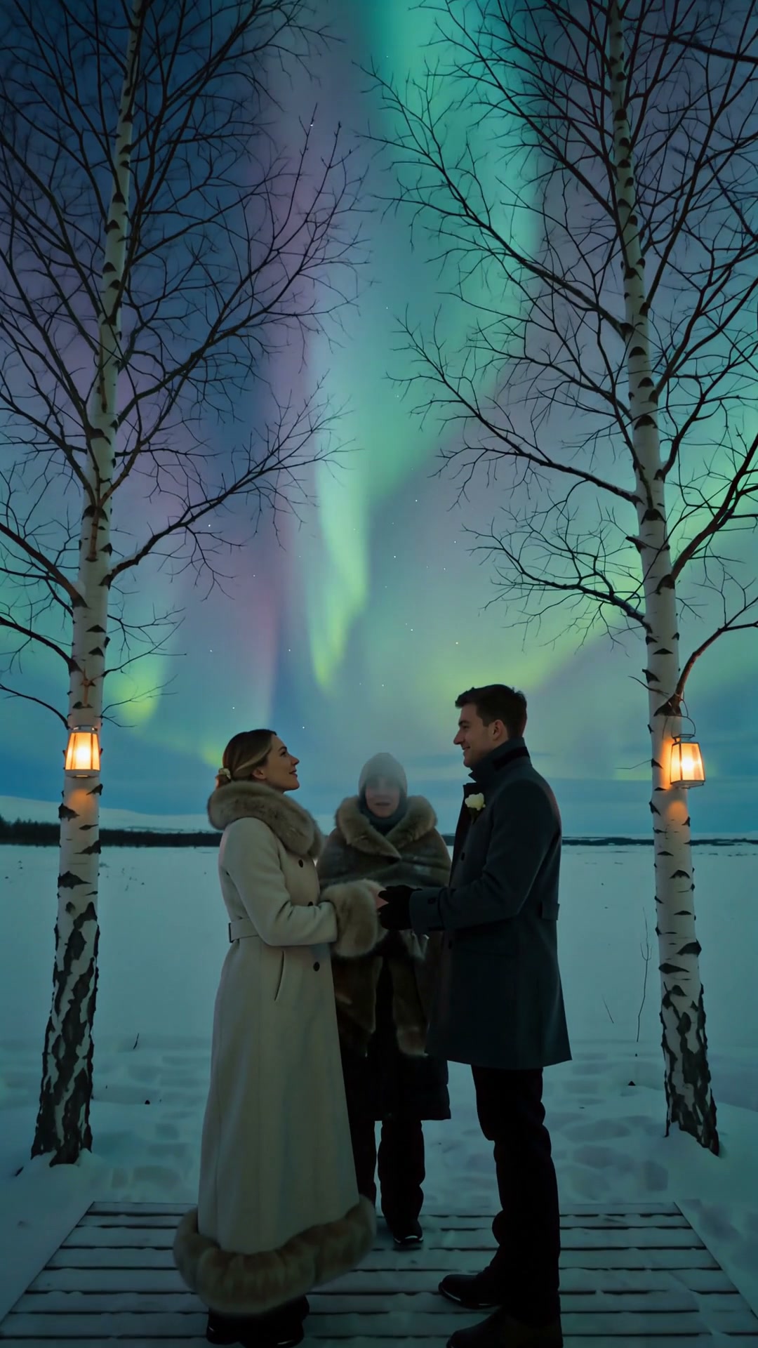 Couple holding hands during a winter wedding ceremony under swirling aurora borealis in a snowy a...