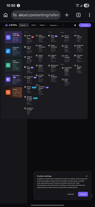 Screenshot of Akool AI video tools dashboard with colorful icons on a dark UI background.