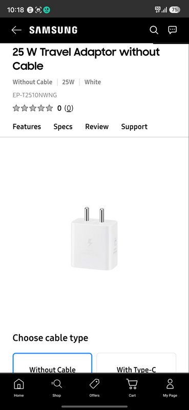 Screenshot of official Samsung store product page for a white 25W travel wall charger sold withou...