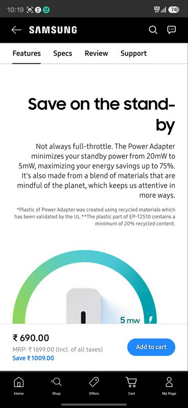 Screenshot of Samsung mobile store page for eco-friendly energy-saving USB-C power adapter showin...