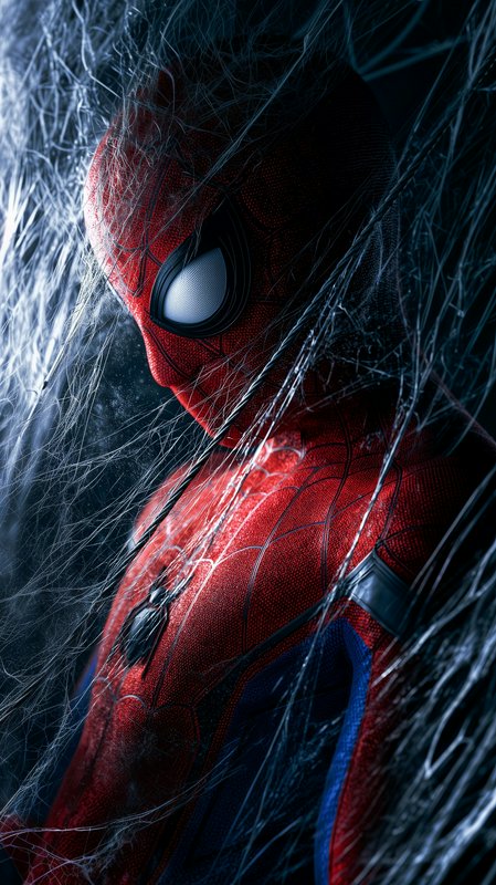 Close-up portrait of bowed Spider-Man tangled in silvery spider webs, wearing his classic red and...