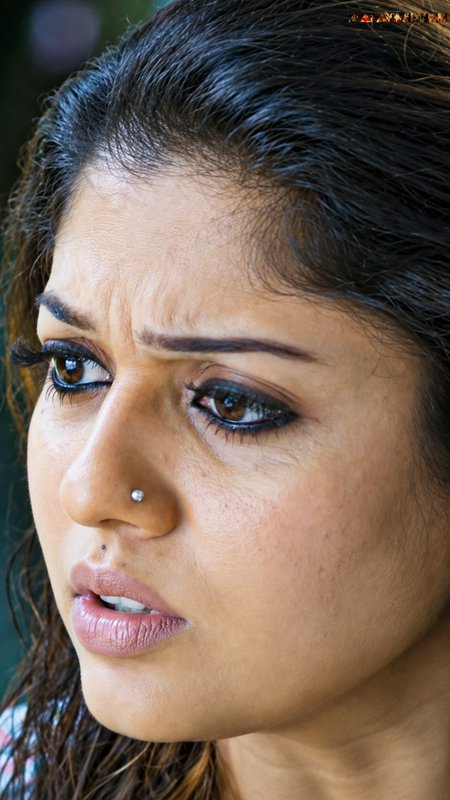 Close-up portrait of a concerned South Indian actress with a silver nose stud and furrowed brows