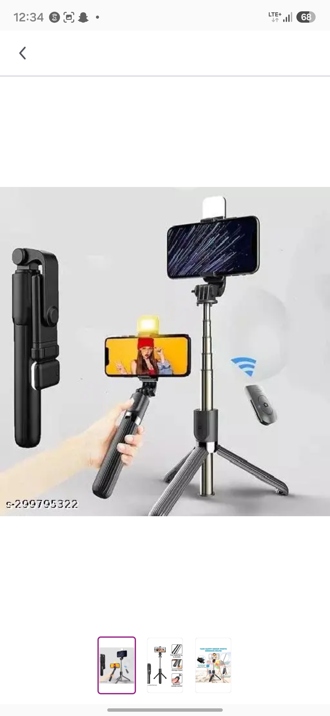 [Multifunctional selfie stick tripod with fill light and Bluetooth remote shown in folded, handheld, and standing configur...