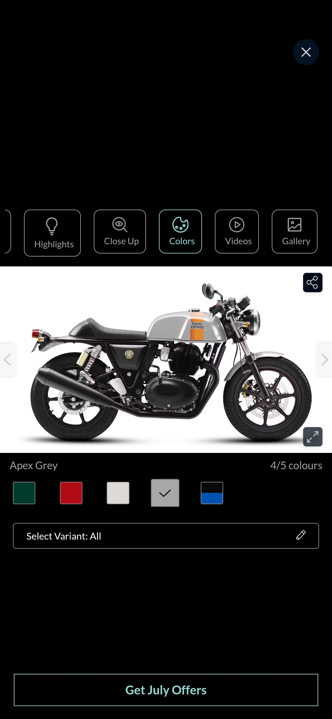 Mobile product page UI displaying an Apex Grey Royal Enfield café racer motorcycle in full side profile view.