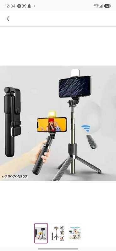 Multifunctional selfie stick tripod with fill light and Bluetooth remote shown in folded, handhel...