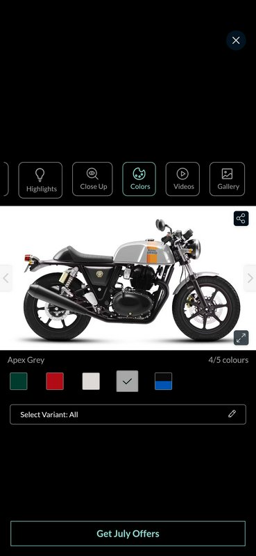 Mobile product page UI displaying an Apex Grey Royal Enfield café racer motorcycle in full side p...