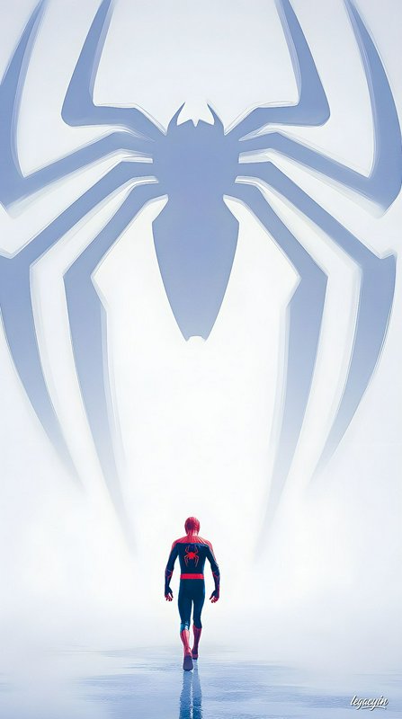 Spider-Man walks forward toward a massive floating stylized spider sigil above a misty reflective...