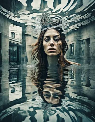 Portrait of a woman partly submerged in water with a striking, reflective ceiling above.