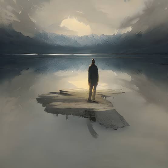 Solitary figure on a small rocky platform amid a tranquil, mirror-like lake under a luminous clou...