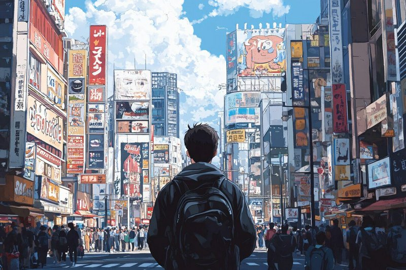 Back view of a person with a backpack in a crowded neon city street under a bright blue sky.