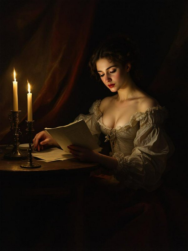 Woman in an 18th-century gown reading papers by candlelight at a wooden table.