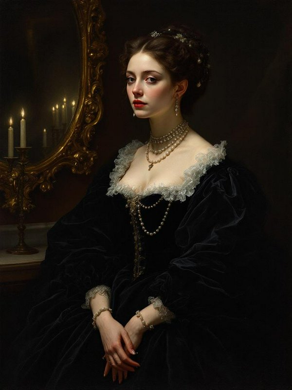 Portrait of a young Victorian woman in a black gown with lace, pearls, and candlelit backdrop.