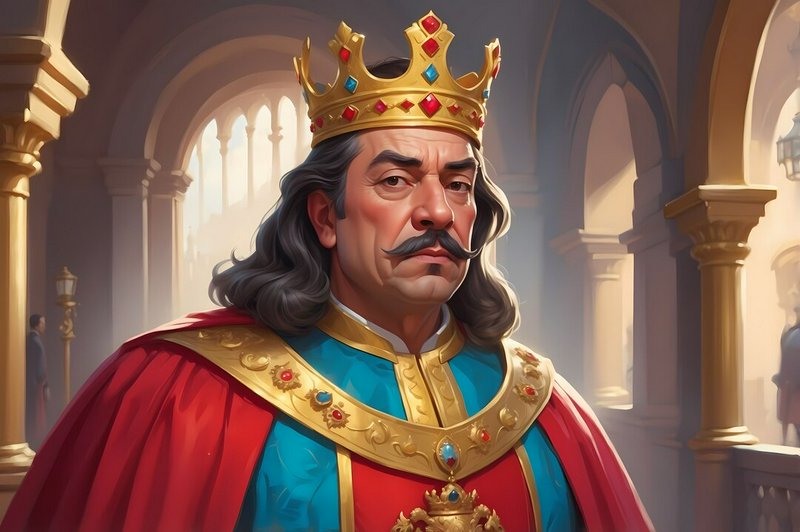 King with a jeweled crown and red cape in a sunlit medieval palace hall.