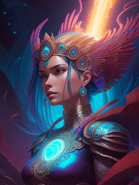 Fantasy female warrior in an ornate headdress with glowing blue armor and wings.
