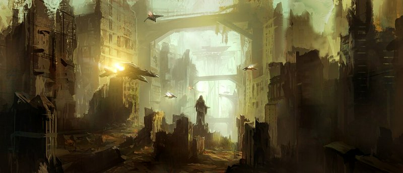 Post-apocalyptic cityscape with a lone figure amid ruined skyscrapers and flying crafts bathed in...