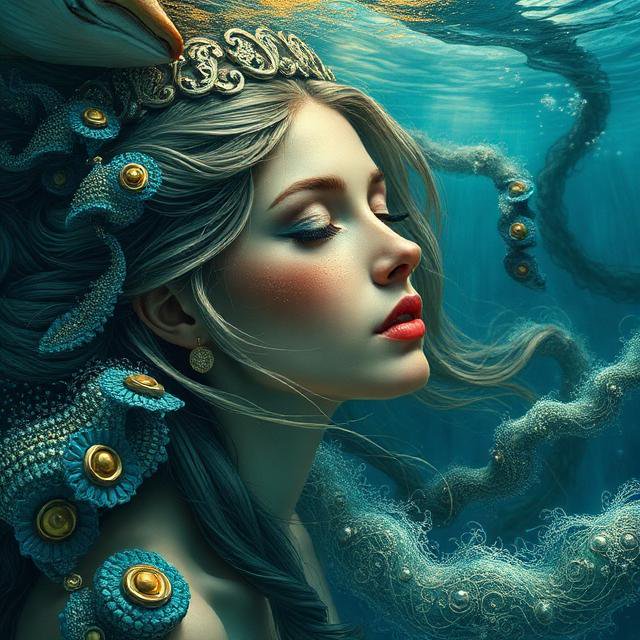 A fantasy underwater portrait of a mermaid with flowing hair and ornate seashell jewelry.