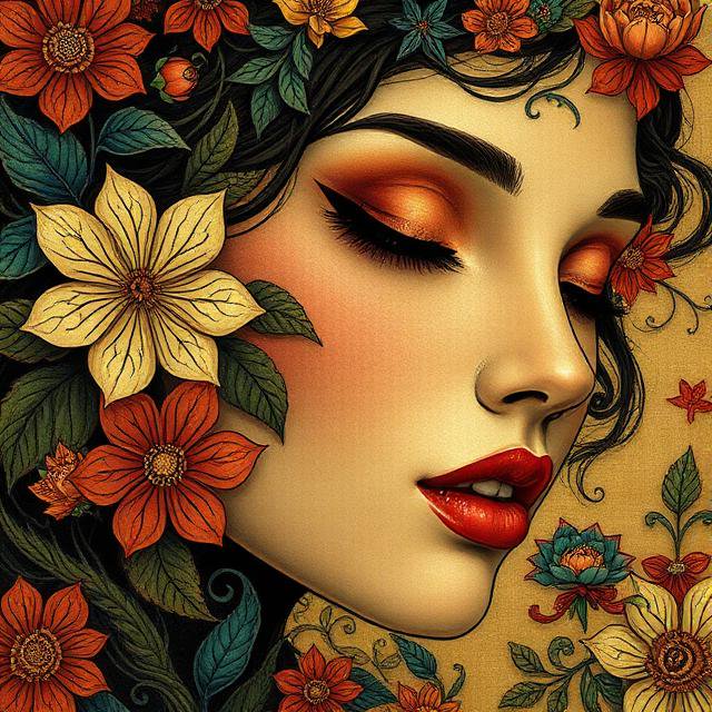 Stylized female portrait with flowing dark hair and vibrant flowers framing her face.