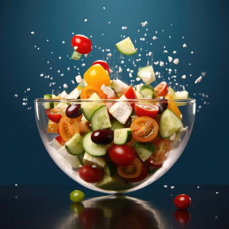 Colorful vegetable salad with feta in a glass bowl, tomatoes, cucumbers, olives splashing against...