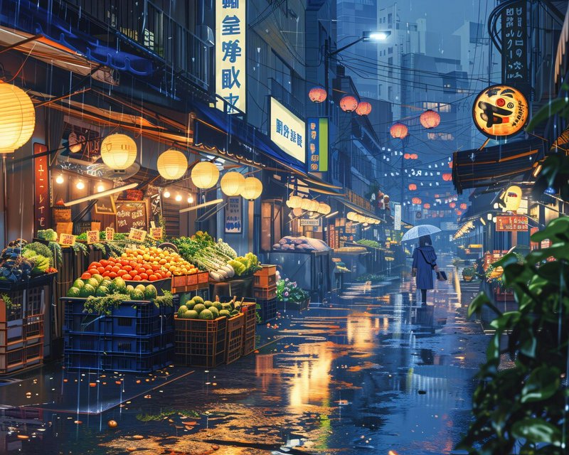 Night market street with fruit stalls, glowing lanterns, and a person with an umbrella in the rain.