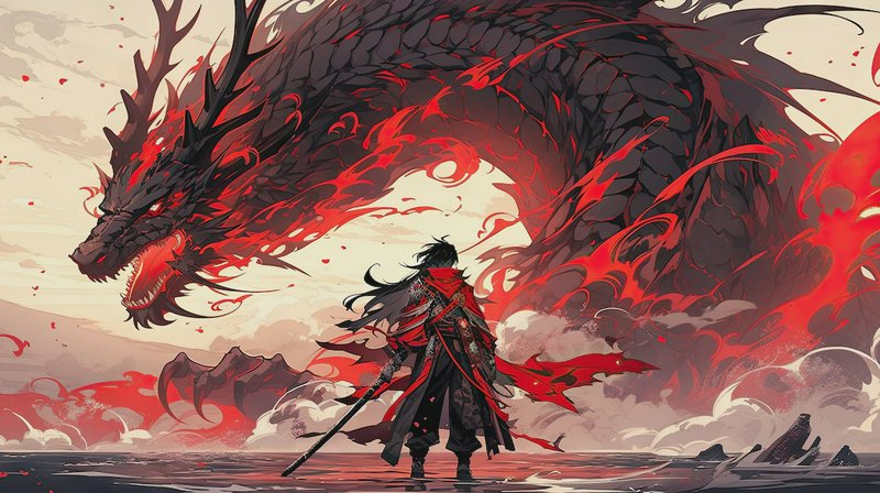 Dark armored warrior confronts a gigantic red-black dragon in a fiery, wind-swept battlefield.